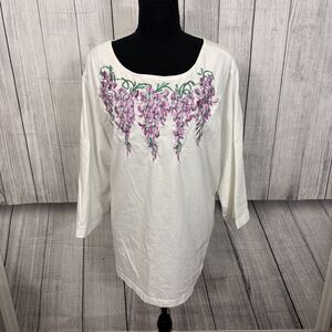 Bob Macke Women's 3X White Embroidered Floral 3/4 Sleeve Wearable Art Tunic
